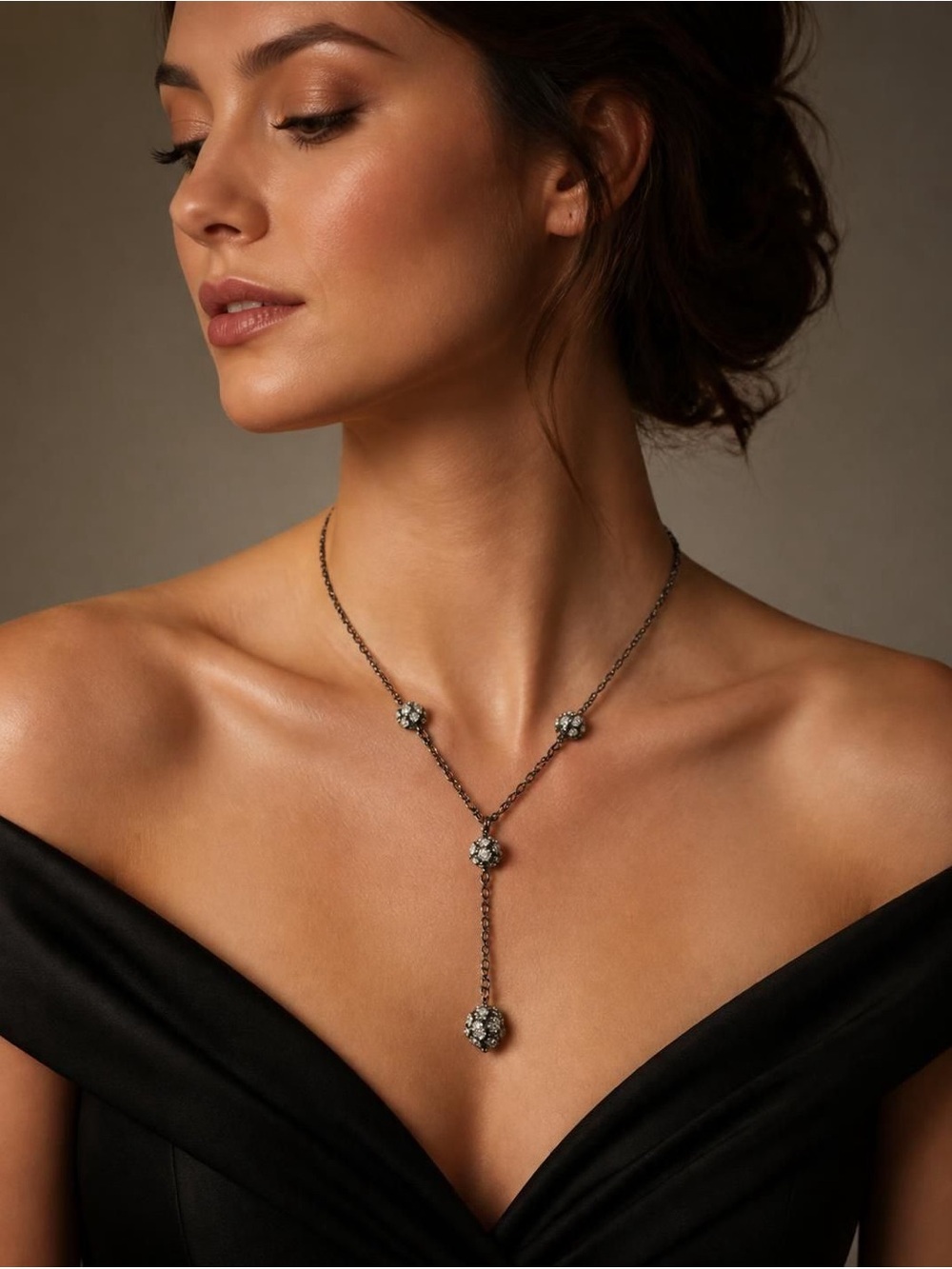 Lariat Y-Necklace w Crystal “Fireball” Accents on Gunmetal Chain Vintage